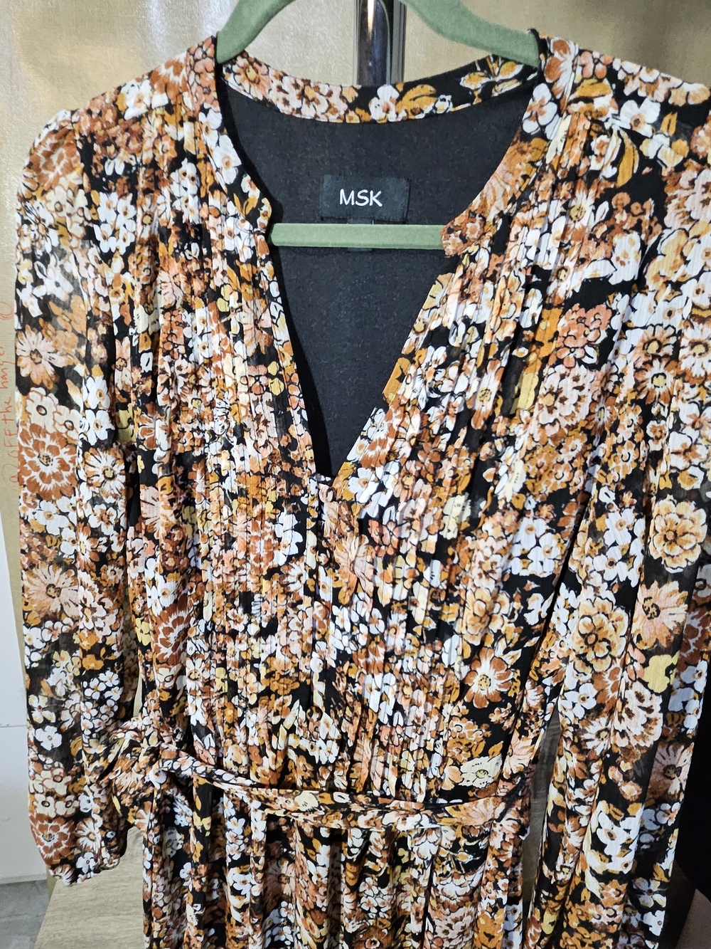 MSK Autumn Floral Pintuck Mini Dress , Black and Brown, Pleated Dress